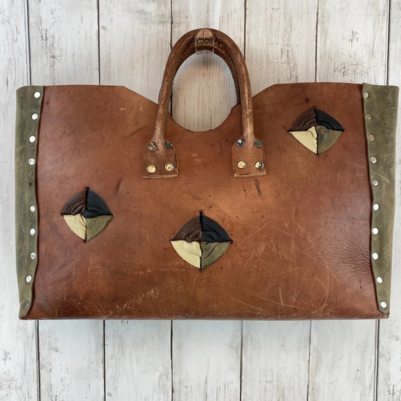 Vintage Handbags - VTG Handmade Brown & Green Leather Studded Small Top Handle Tote Handbag Purse